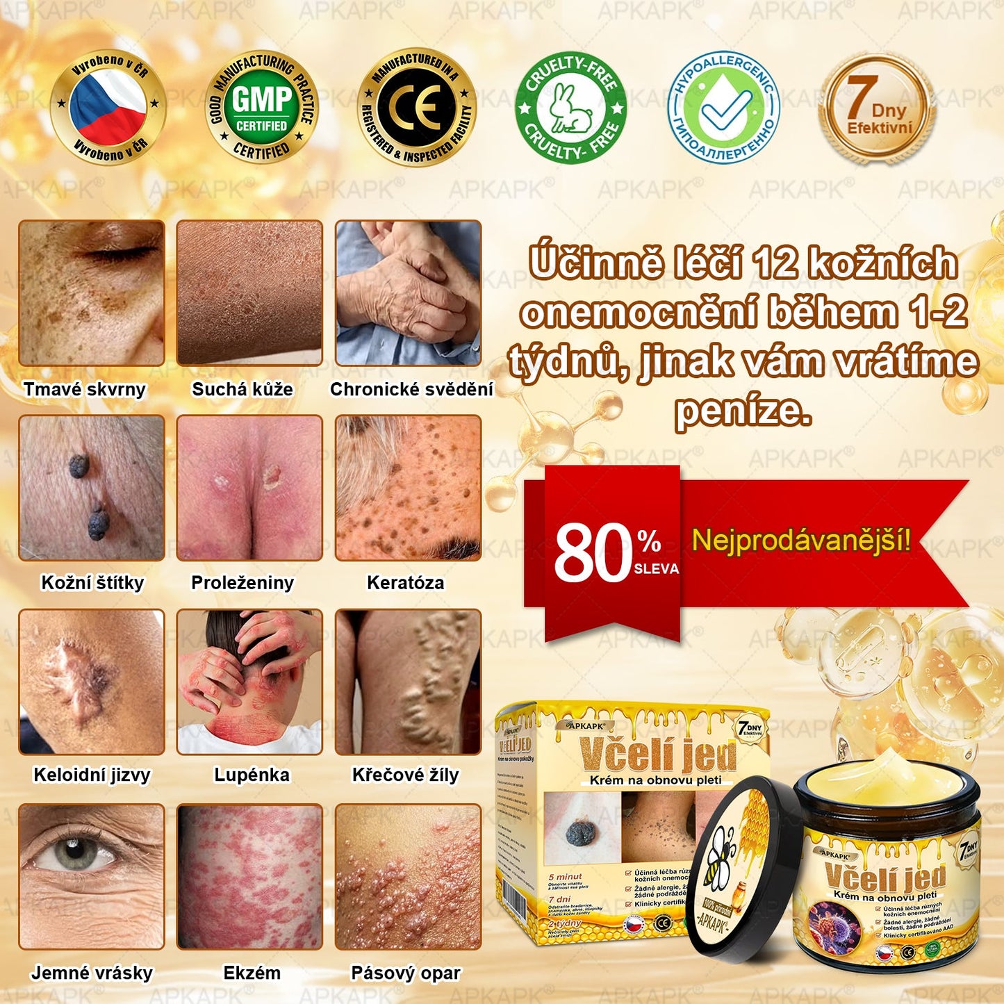 🔥  Dermatologicky a klinicky testováno🐝APKAPK®Bee Venom Krém na obnovení pleti🐝 pomáhá při léčbě kožních problémů, jako jsou: vrásky, jizvy, pigmentové skvrny, strie, akné, psoriáza, ekzém, kožní změny, podráždění, záněty a další kožní problémy.